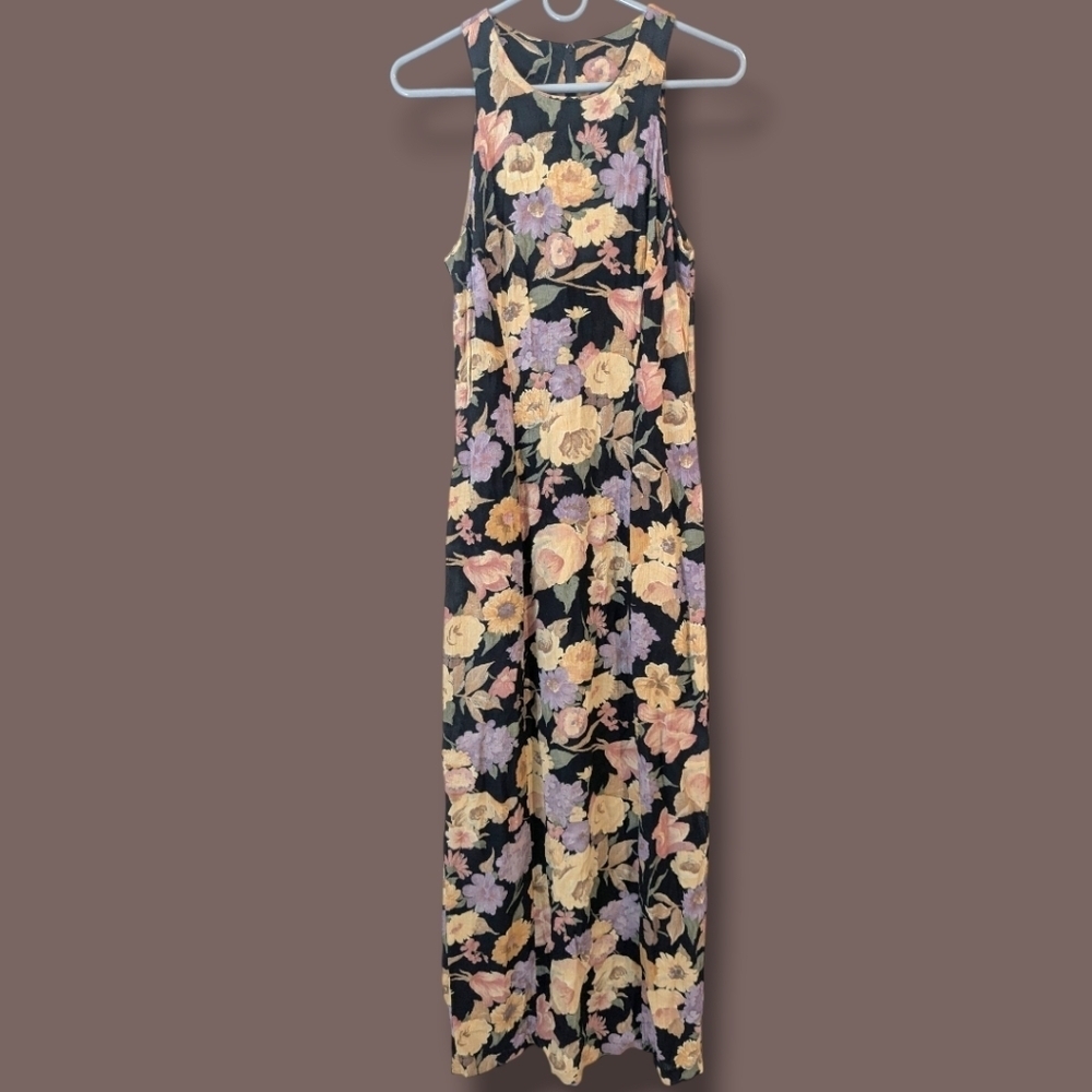 La Belle Vintage 80s Pink Purple Floral Sleeveless Relaxed Maxi Dress Feminine
